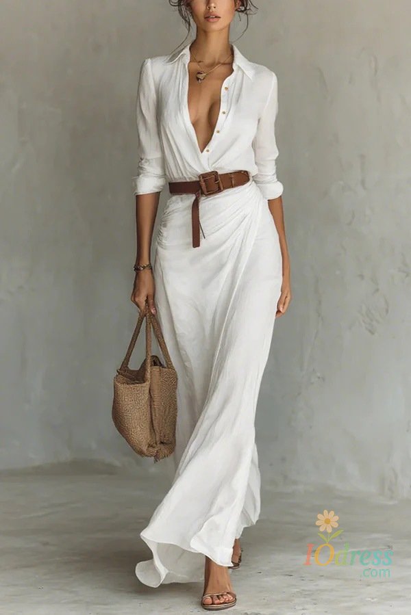 IO Dress White Turn-down Collar Button Long Dress Womens Casual Solid Lace-up Slim Autumn Long Sleeve Office Party Dresses Robes  Vestido