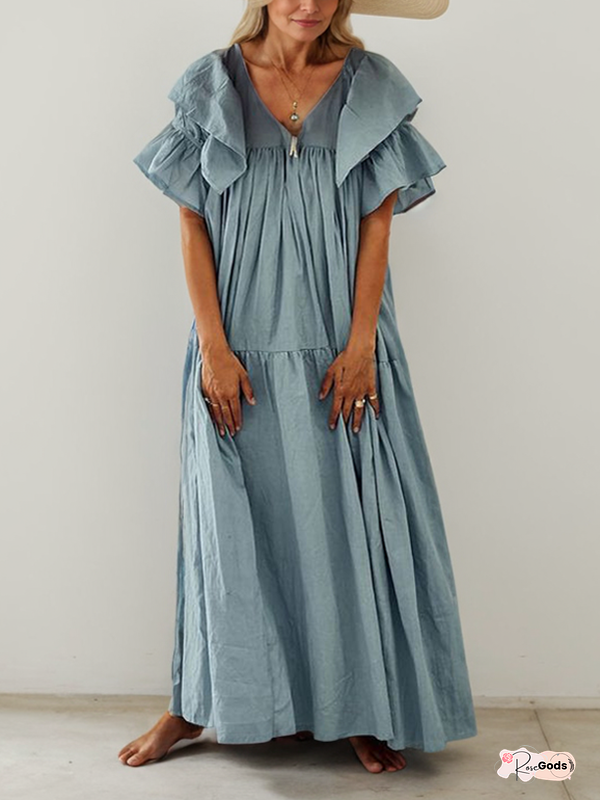 Ruffle Sleeve V Neck Pleated Loose Maxi Dress