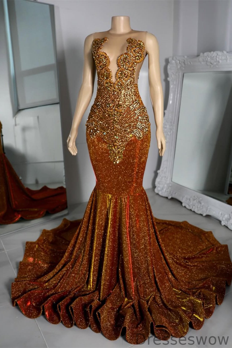 Dresseswow Burnt Orange Sleeveless Prom Dress Mermaid Long With Beadings