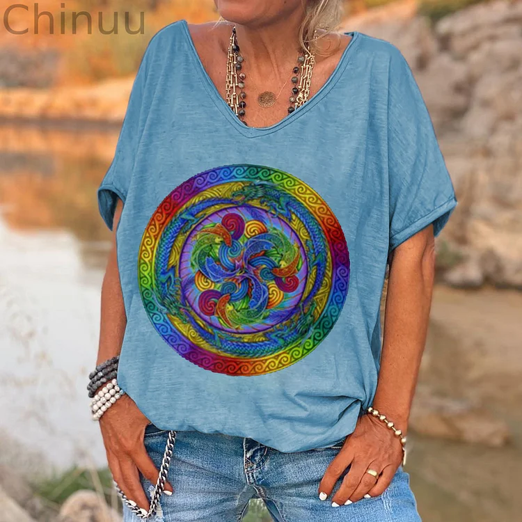 Summer Loose Short Sleeve Print V-Neck Women's T-shirt
