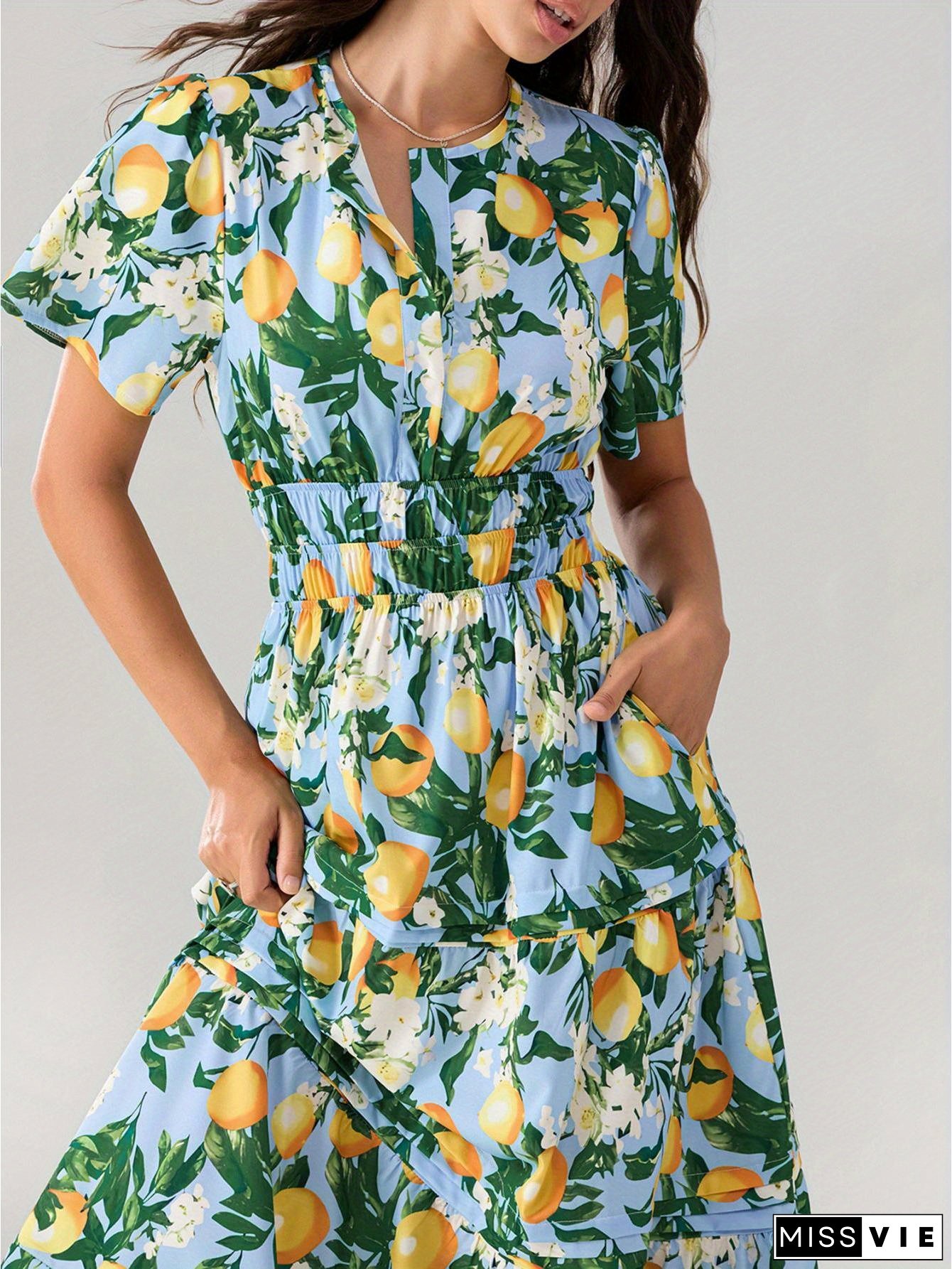 Women's Black V-Neck Flowy Maxi Dress With Smocked Waist, Pintucked Hem & Side Slant Pockets - Casual Short Sleeve A-Line Dress For All Seasons