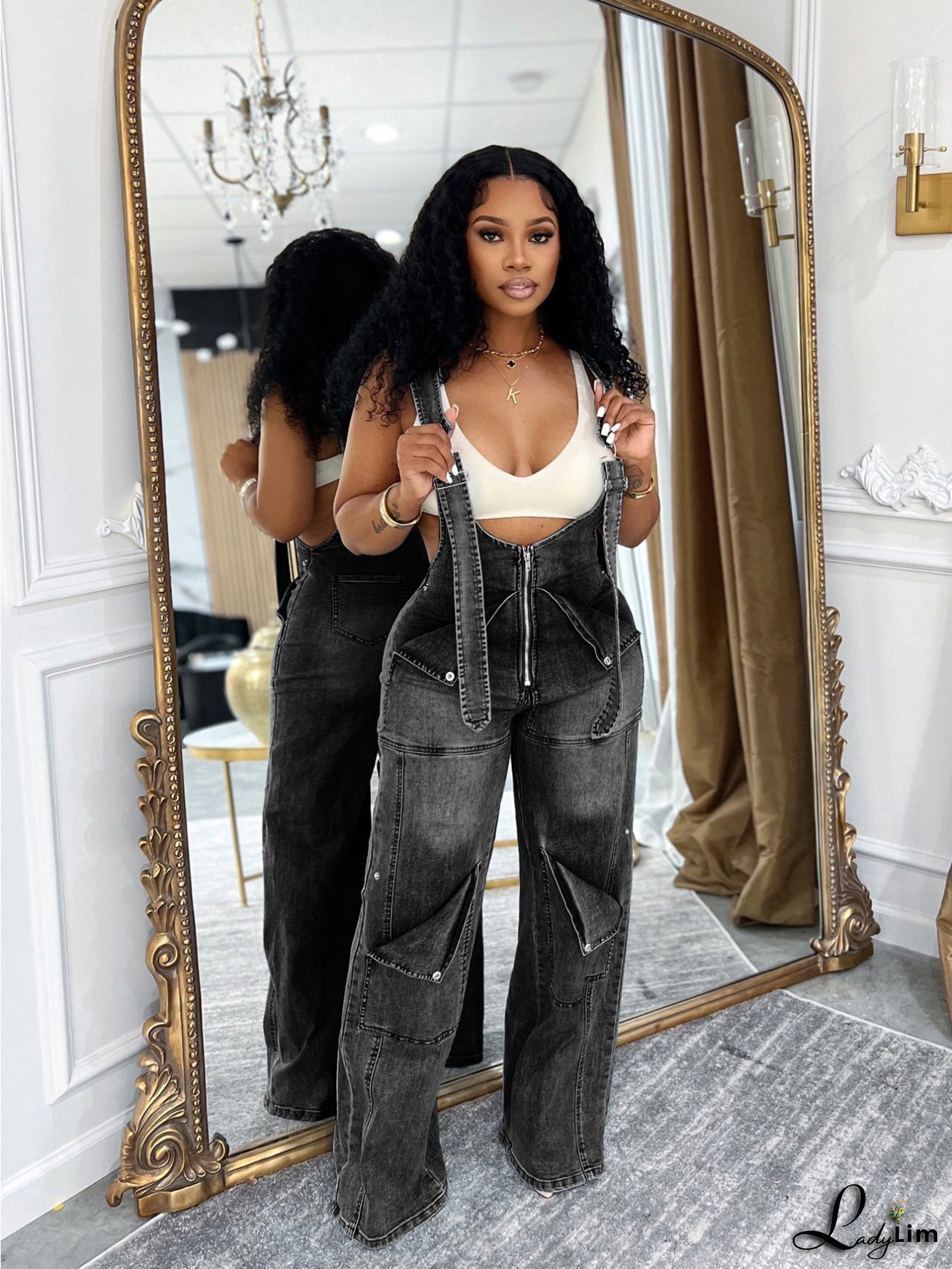ormal Womens High- Waisted Denim Overalls Jumpsuit Wide-Leg Loose-Fit Off-Shoulder Boat