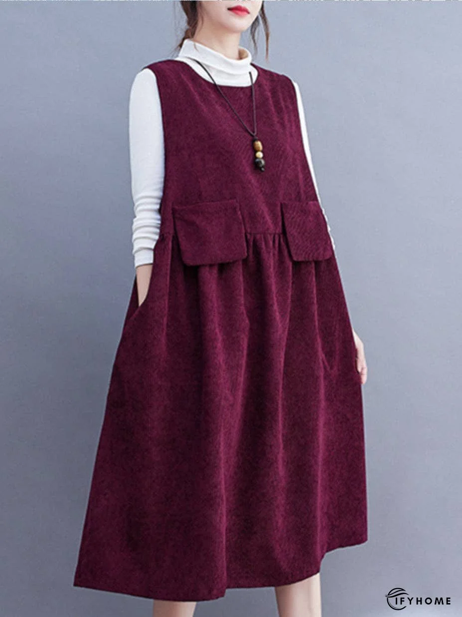 Artistic Retro Loose Sleeveless Solid Color Round-Neck Midi Dresses | IFYHOME