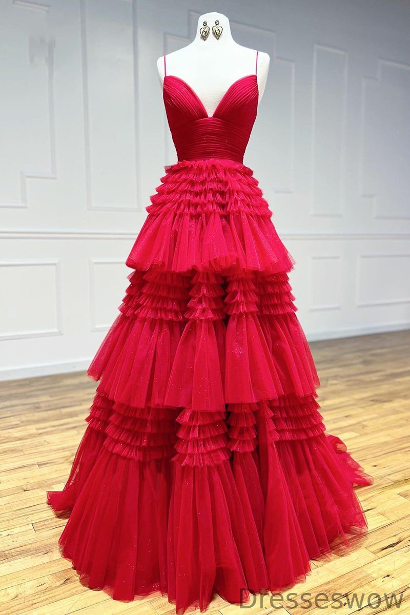 Dresseswow Red Spaghetti-Straps Prom Dress Sleeveless Tulle Layered