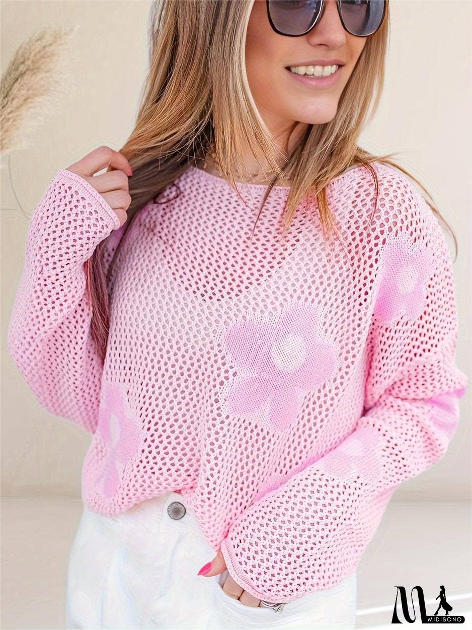 Big Flower Hollowed Knit Drop Shoulder Sweater