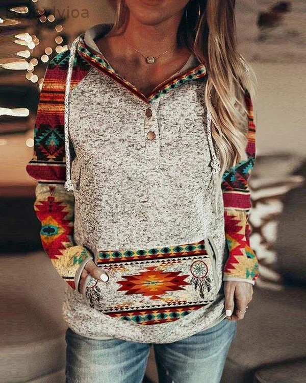 Women's Ethnic Print Casual Drawstring Tops S-3XL
