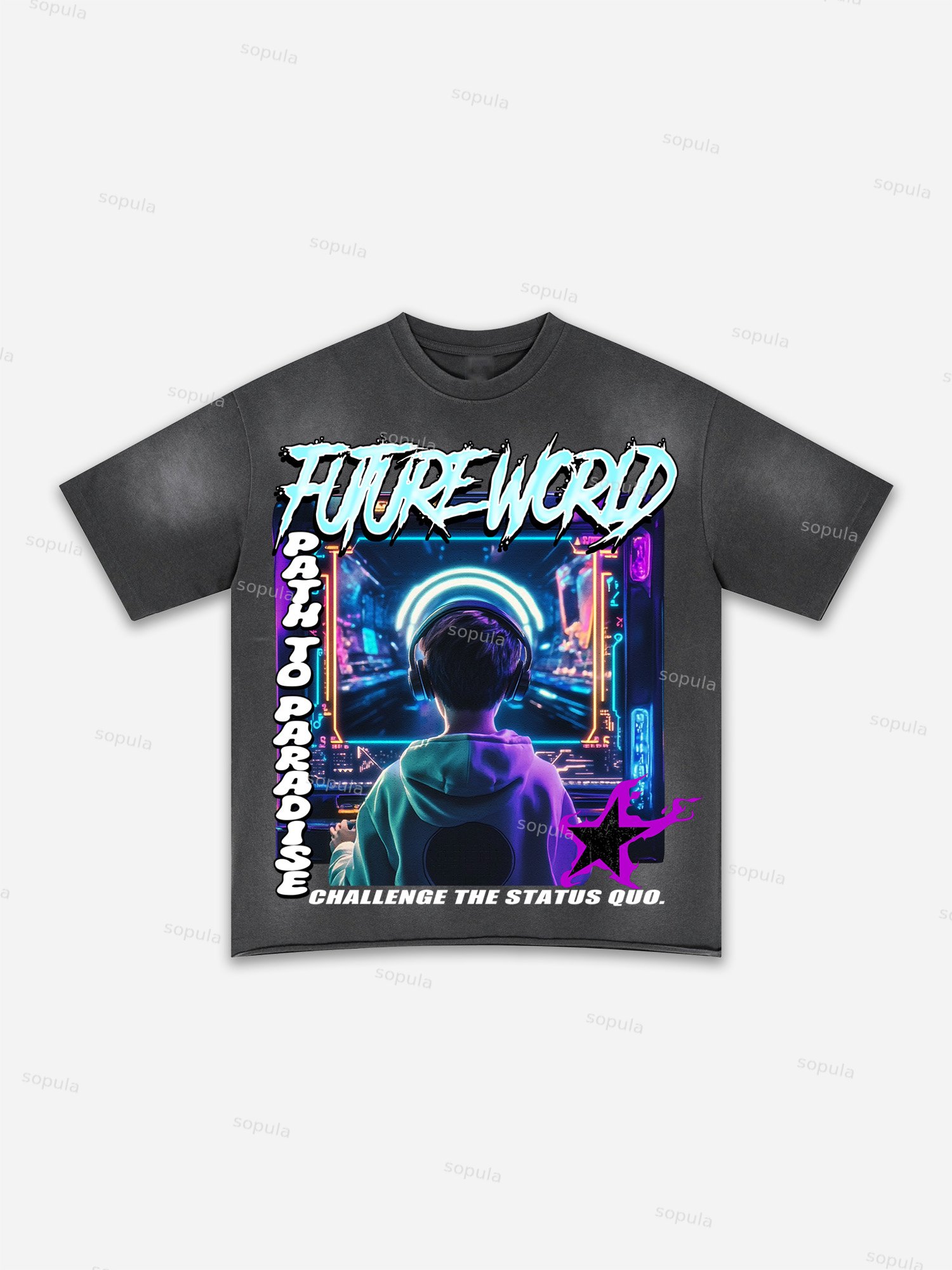 Future World Brainstorming Graphic Print Washed T-shirt