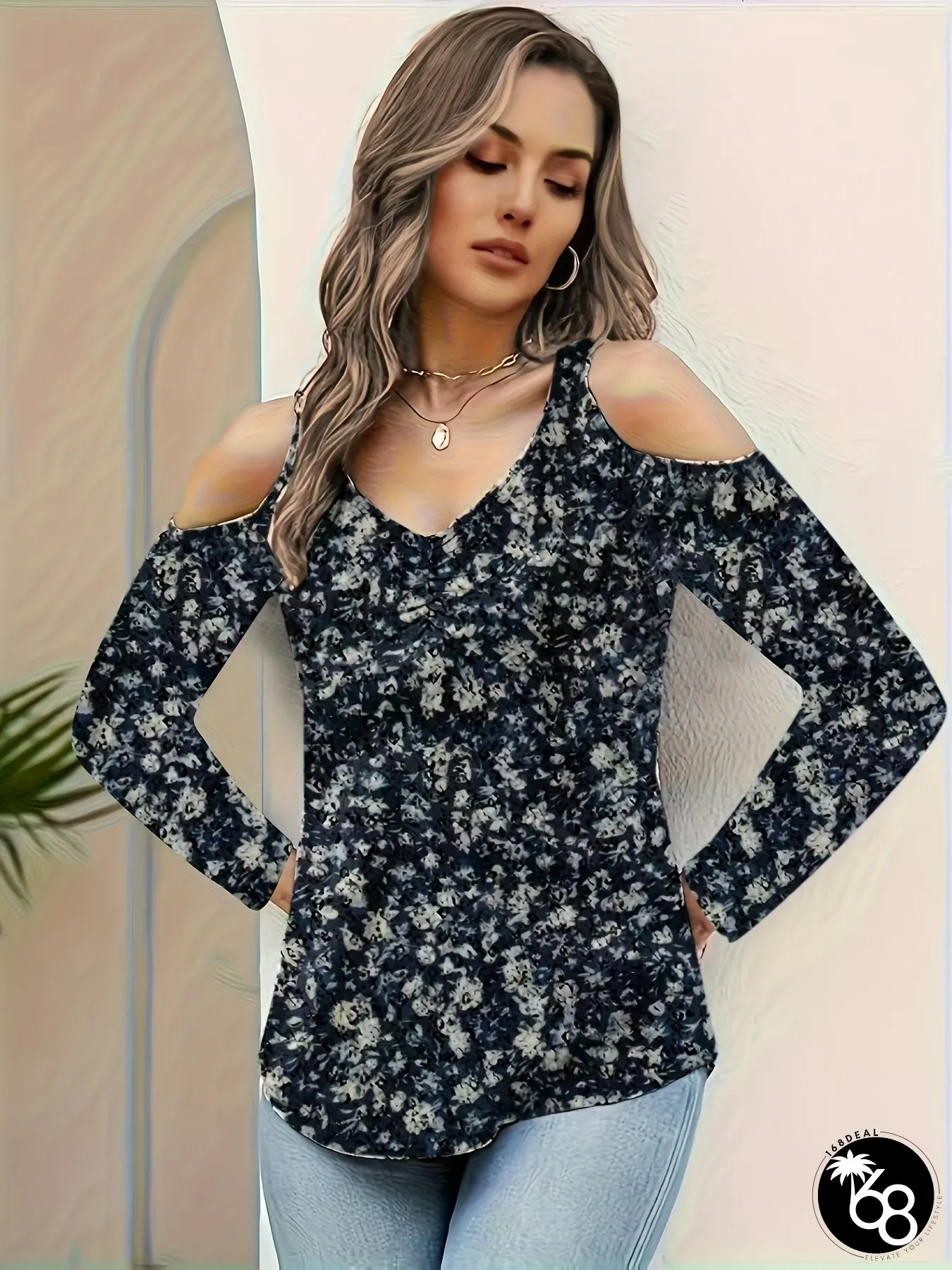 Womens Elegant Off-Shoulder V-Neck Floral Print Blouse Long Sleeve Ruffled Top with Smock | 168DEAL
