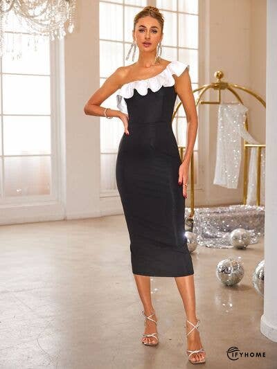 Slit Contrast Single Shoulder Midi Dress | IFYHOME