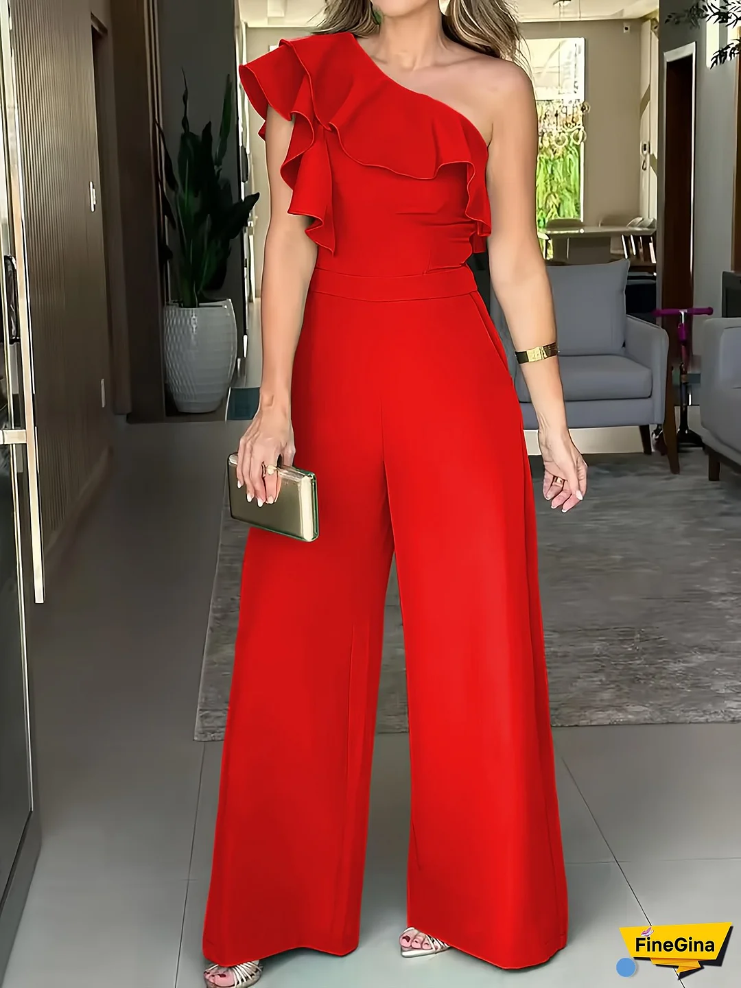 Women‘s Off-Shoulder Ruffle Jumpsuit | Black Polyester Blend | Asymmetrical Neckline with Single Shoulder Sleeves | Solid Color | Elegant Party & Evening Wear | Spring/Summer Collection, Party Evening Wear | Ruffled Bodice | Symmetrical Design