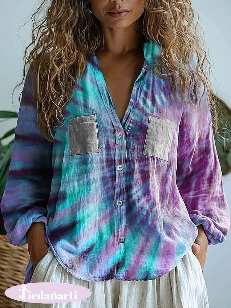 Women's Tie Dye Art Print Casual Long Sleeve Comfortable Cotton Shirt