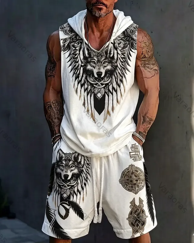 Men's Summer Outdoor Fashion: Viking Wolf Embroidered Sleeveless Hooded Sweatshirt and Shorts Two-Piece Set 3735