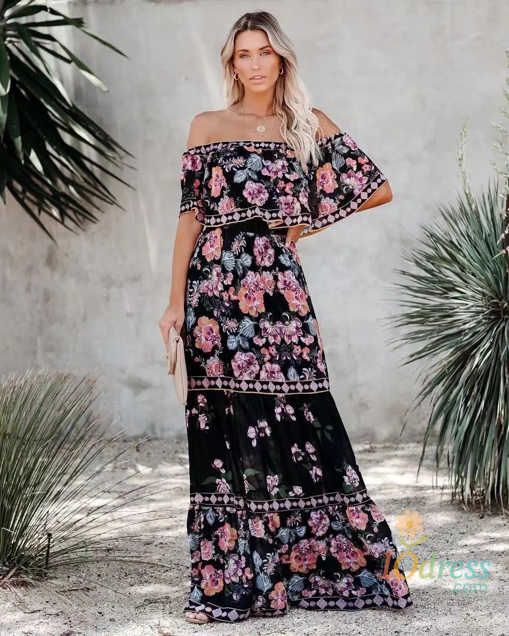 IO Dress 2024 New Independent Stand Amazon Off-Shoulder Red Flower Printing Long Dress Large Sweep Dress European Spring Summer Fashion