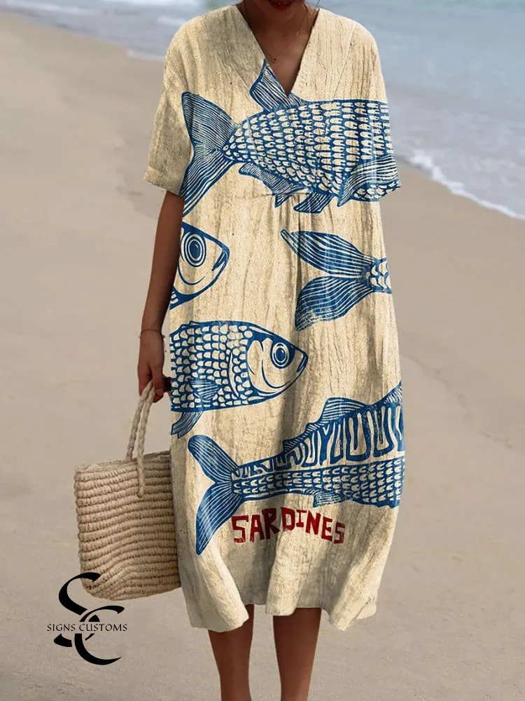 Women's Vintage Sardine Fish Art Print Flowy Dress