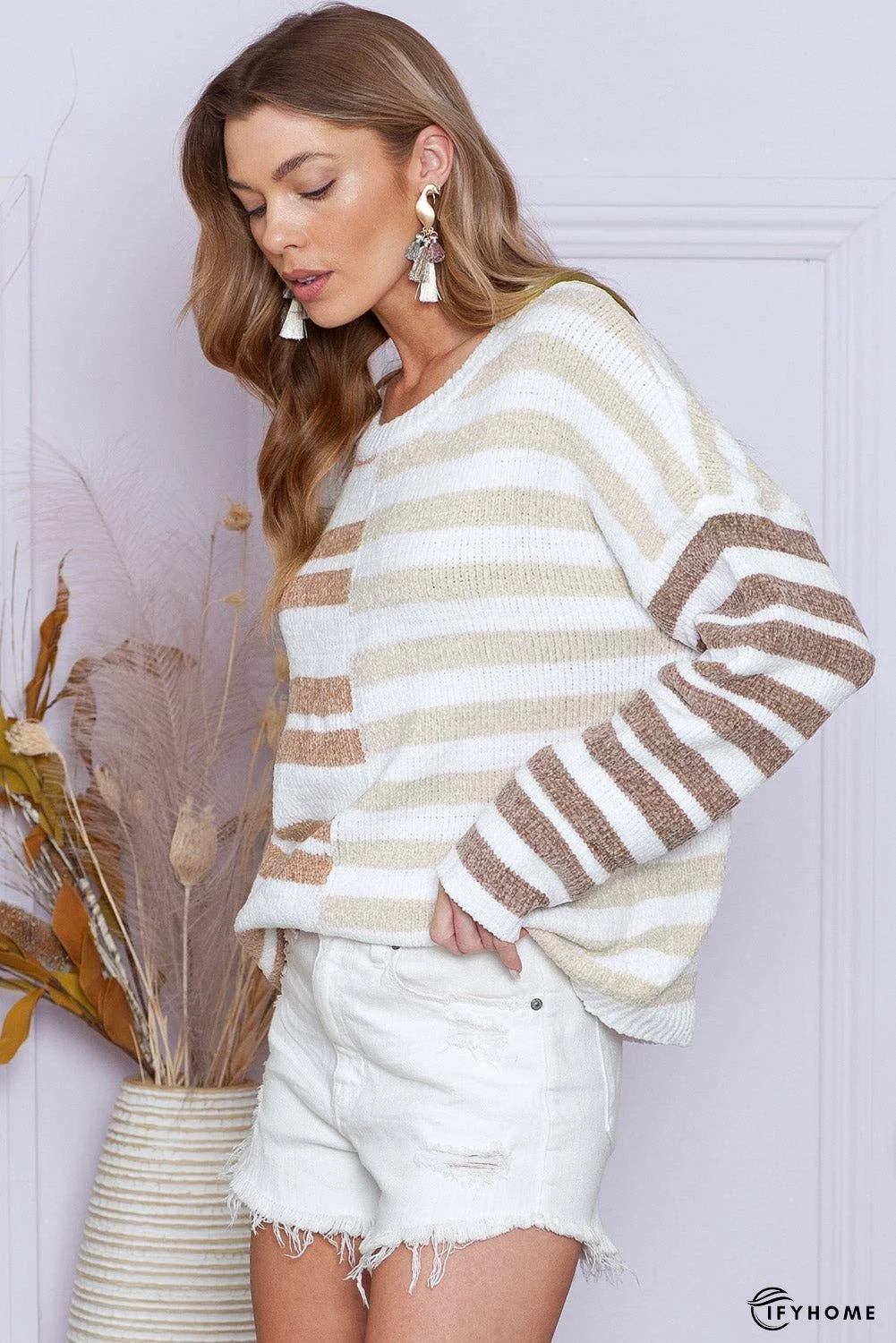 Color Block Drop Shoulder Pullover Striped Sweater | IFYHOME