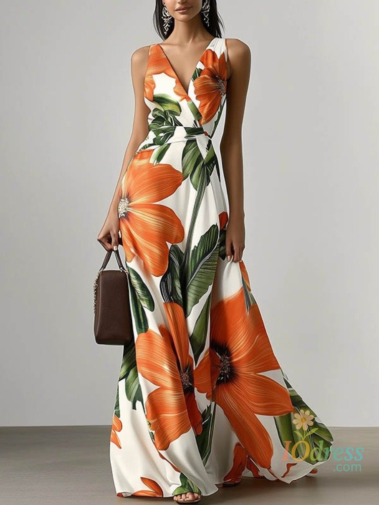 IO Dress Freeacy Summer Women's Long Dress Floral Printed V-neck Sleeveless Evening Dresses High Waist Pleated A-line Party Gowns IO Dress