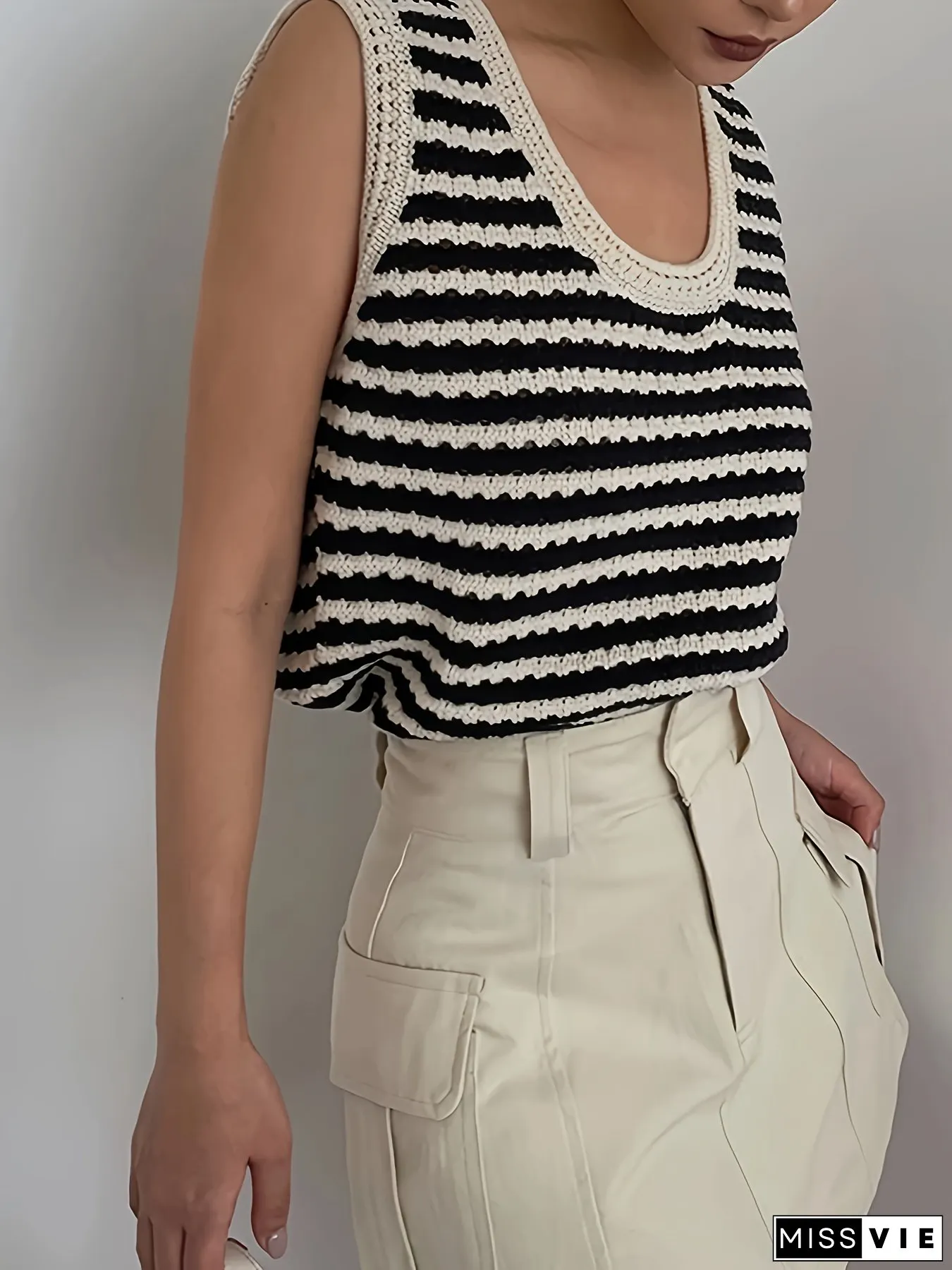 Elegant Womens Sleeveless Square Neck Vest Sweater-Black & White Stripe-Semi-Sheer