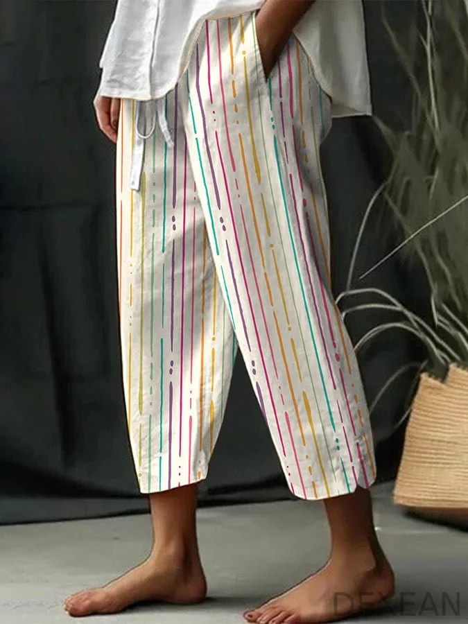 Women's Colorful Striped Design Printed Lace-Up Elastic Waist Loose Casual Pants