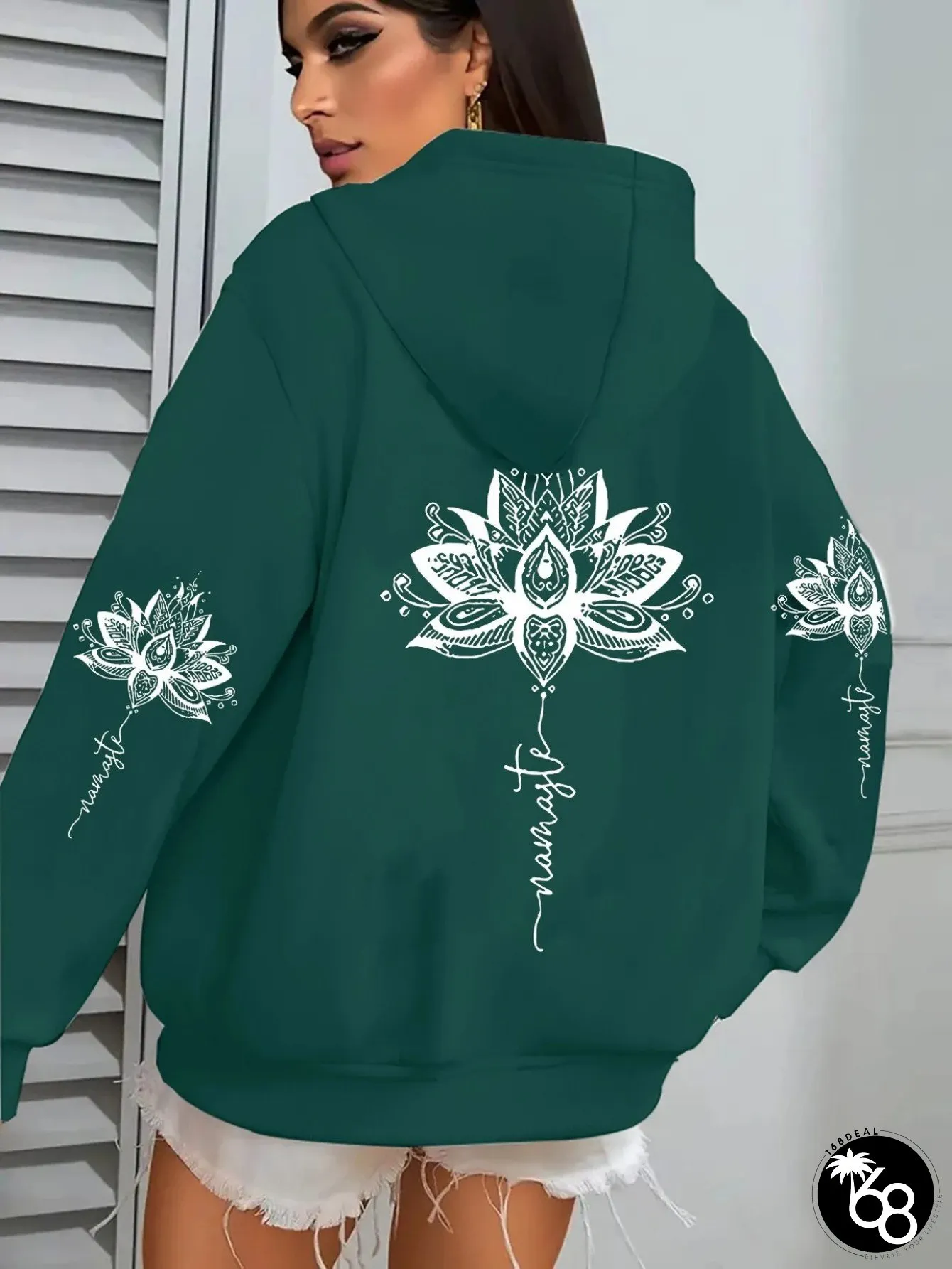 Womens Casual Hooded Sweatshirt with Premium Floral for Lotus Design Polyester Zip-Up | 168DEAL
