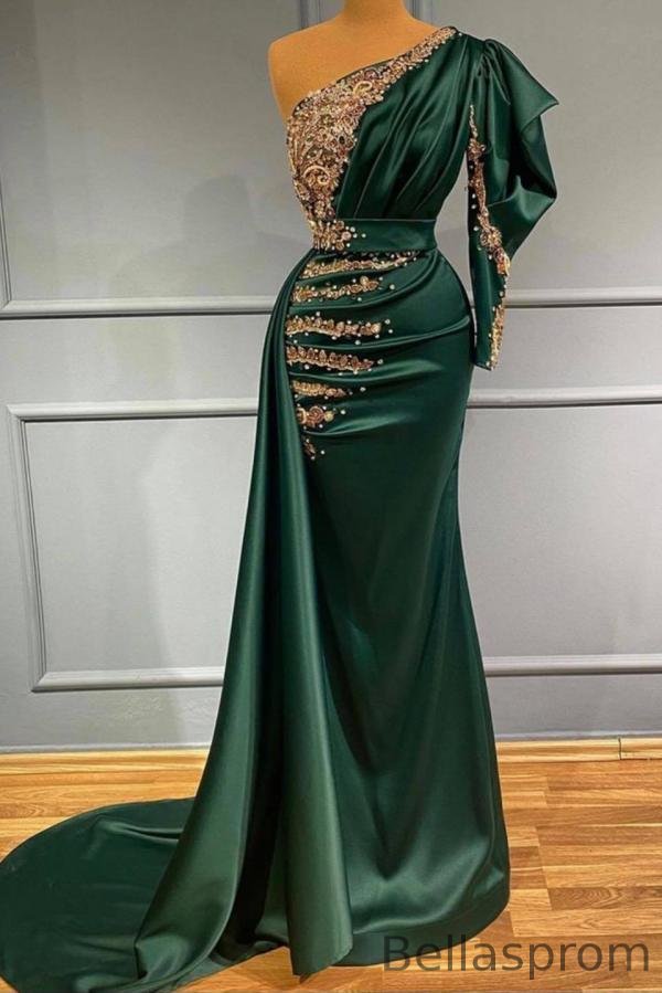 Bellasprom Dark Green Mermaid Prom Dress With Beads One Shoulder Bellasprom
