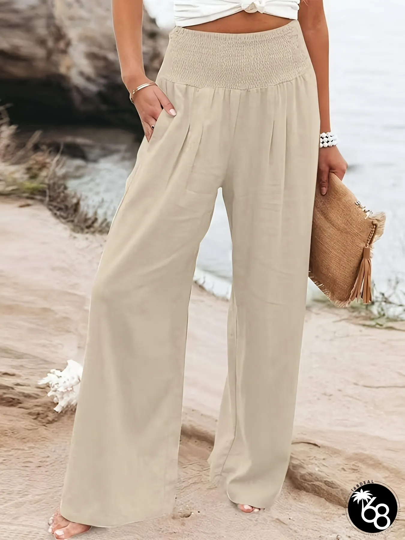 Plus Size Womens High-Waisted Stretch Straight-Leg Pants Elastic Waist Casual Trousers | 168DEAL