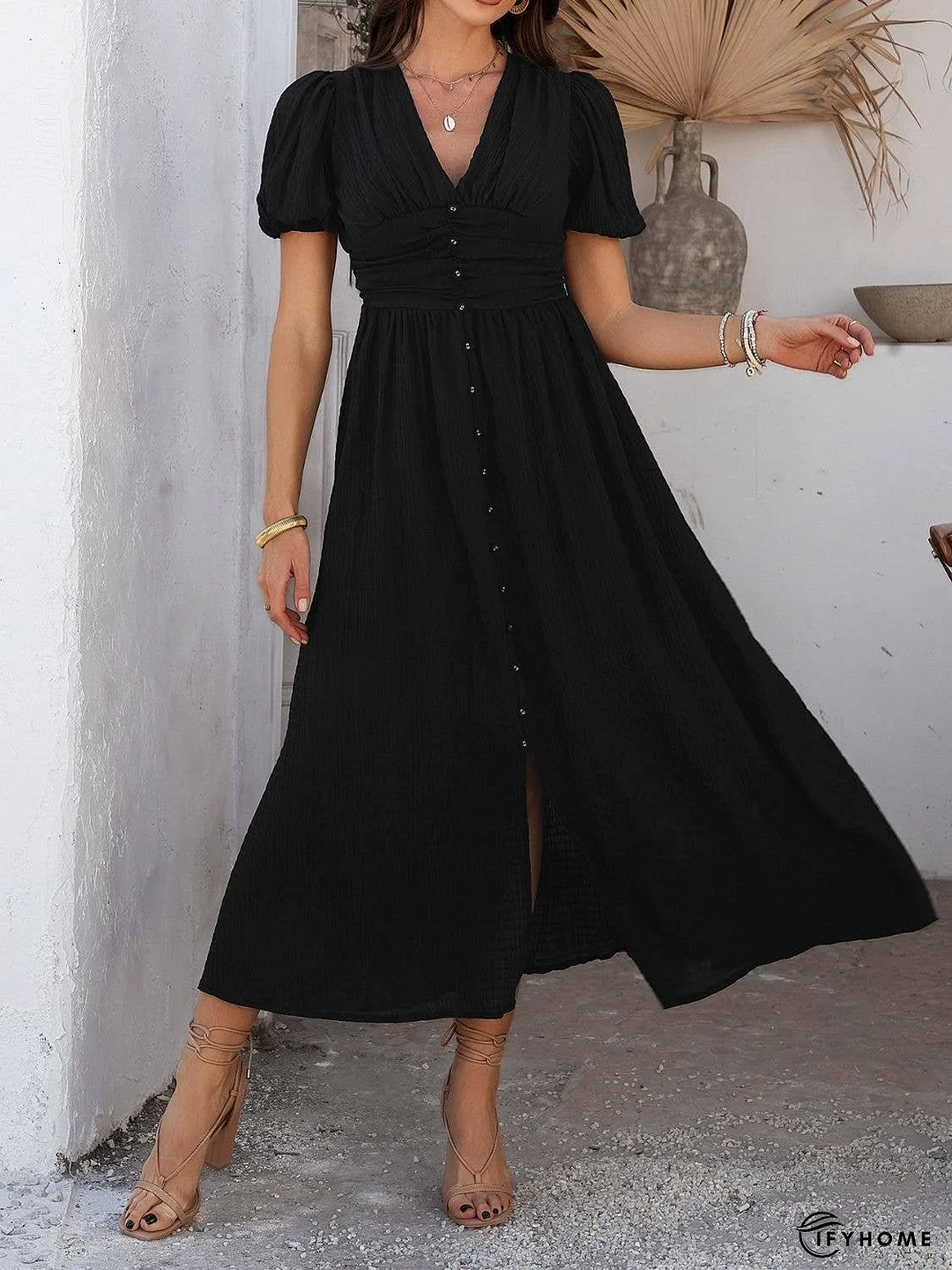 Devine V-Neck Puff Short Sleeve Midi Dress | IFYHOME