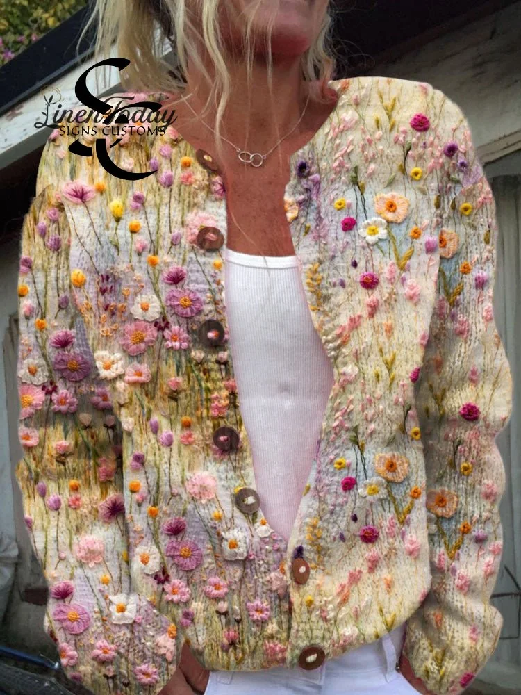 Floral Embroidery Art Print Buttoned Cardigan Sweater