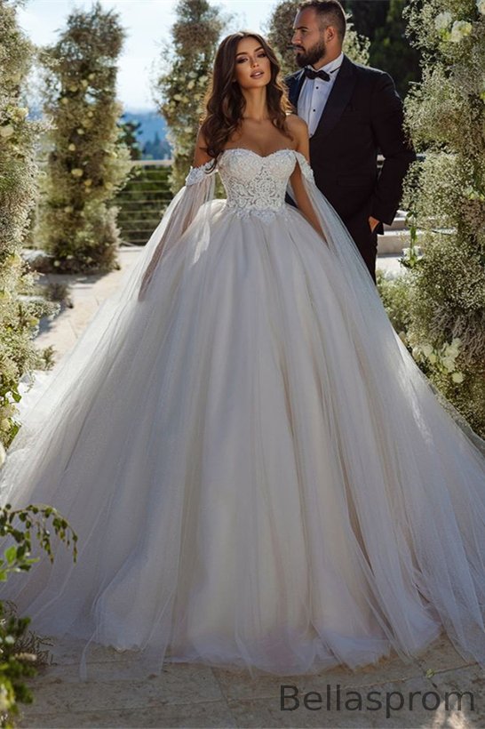 Bellasprom Off-the-Shoulder Ball Gown Tulle Wedding Dress With Lace Appliques Bellasprom