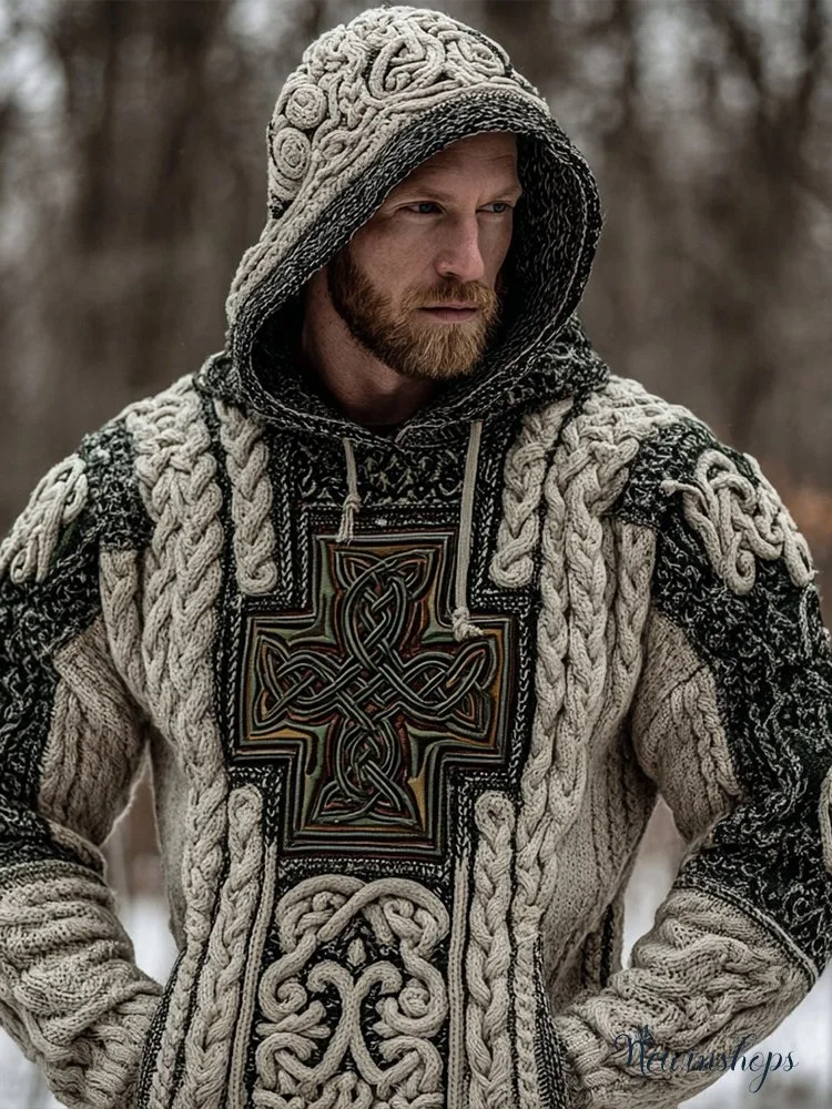 Men's Irish Celtic Cross Vintage Chunky Hooded Sweater