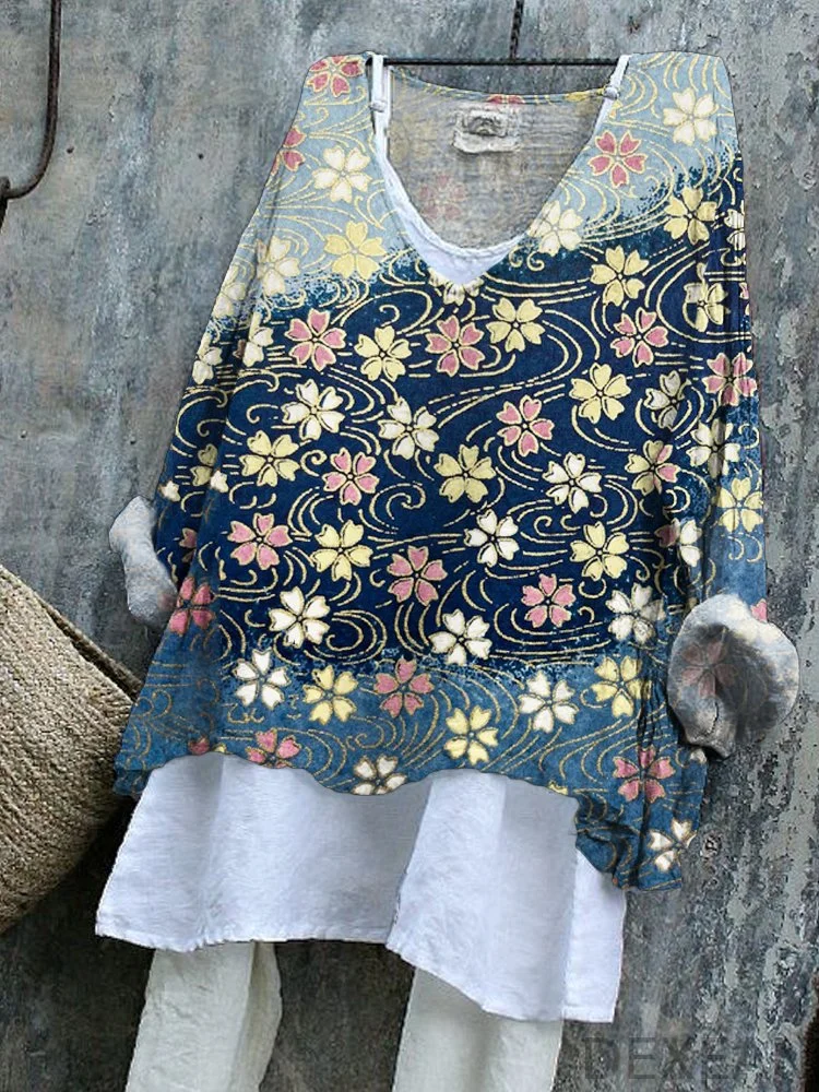 Golden Swirls of Sakura Cherry Blossoms Print Linen Blend Tunic