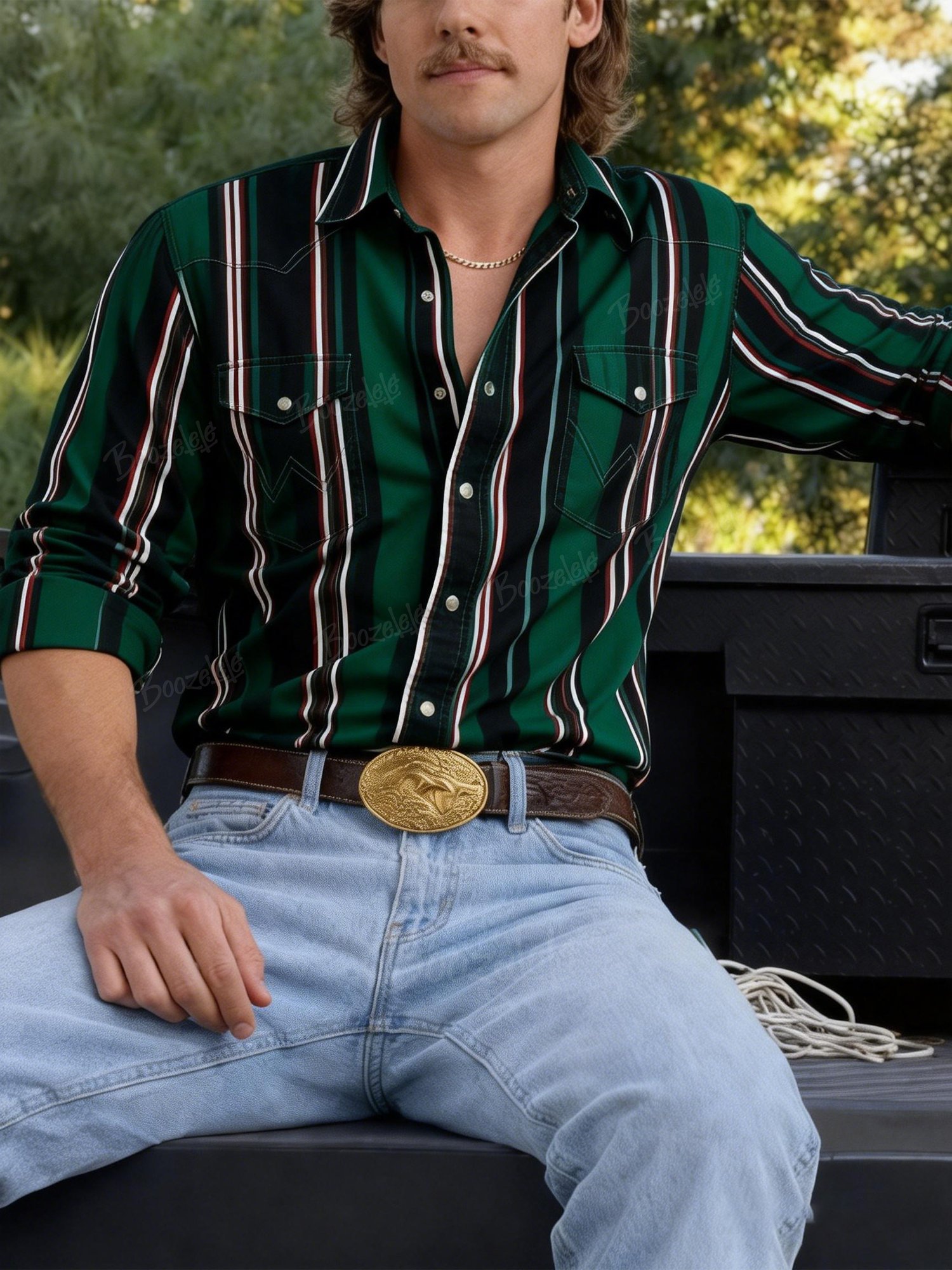 Men'S Western-Style Casual Green Striped Shirt &ndash; 100% Cotton Shirt