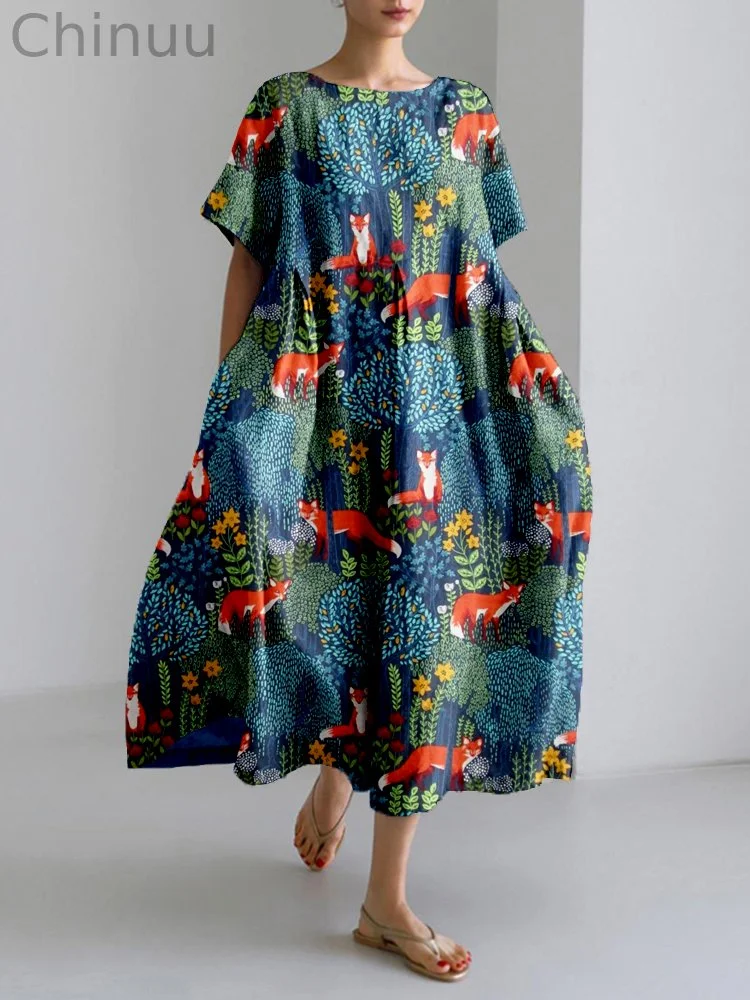 Fox in the Forest Art Linen Blend Flowy Maxi Dress