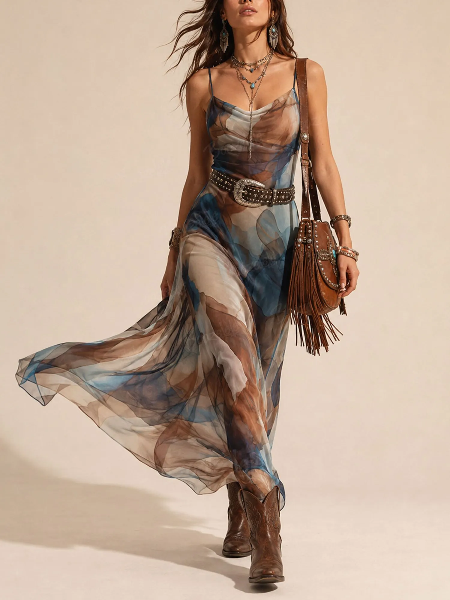 Perfect for Music Festival Parties &mdash; Blue Tie-Dye Abstract Print Lightweight Flowy 2026 Spring/Autumn Women's Bohemian Maxi Dress (No Belt）