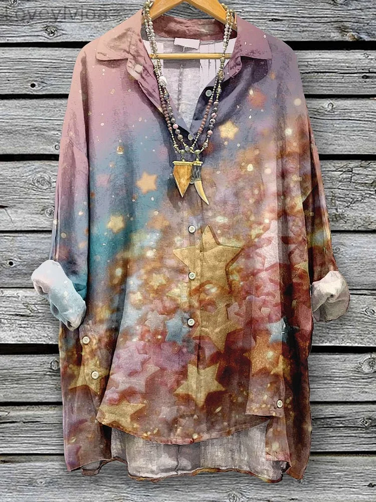 Women's Pretty Stars Print Casual Cotton And Linen Shirt