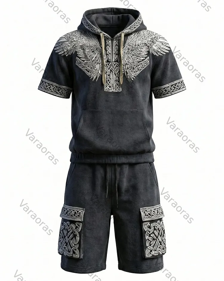 Men's Viking Contrast Color Embroidered Short-Sleeve Hoodie & Shorts Two-Piece Set 3685