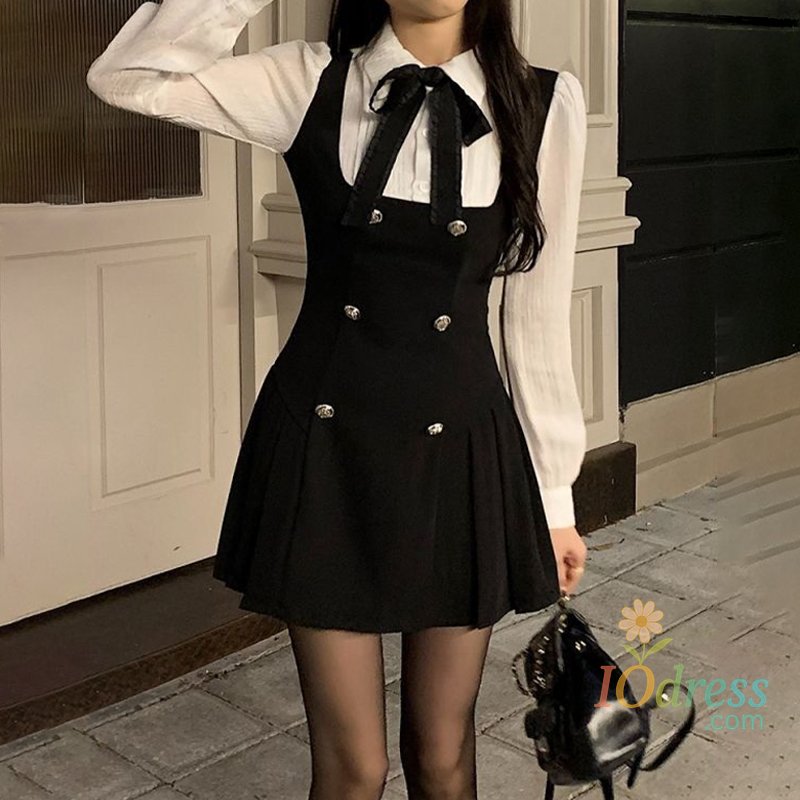 IO Dress Fake Two-piece Dress Women Preppy Style Bow Buttons Long Sleeve A-line Mini Dress