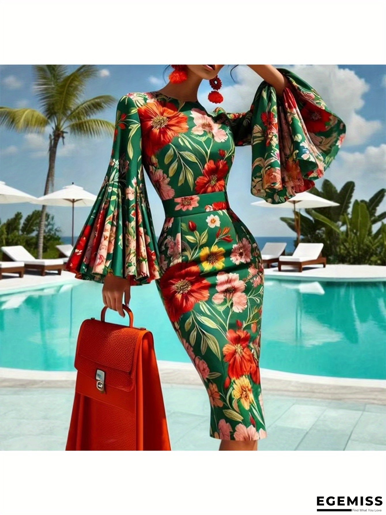 Women's Elegant Tropical Floral Print Maxi Dress - Long Flare Sleeve Round Neck Puff Sleeve Blouse-Like Top & A-Line Skirt, Lightweight Breathable Fabric For Beach Parties, Poolside Events, Semi-Formal Occasions - Machine Washable Summer Dress In Green | EGEMISS