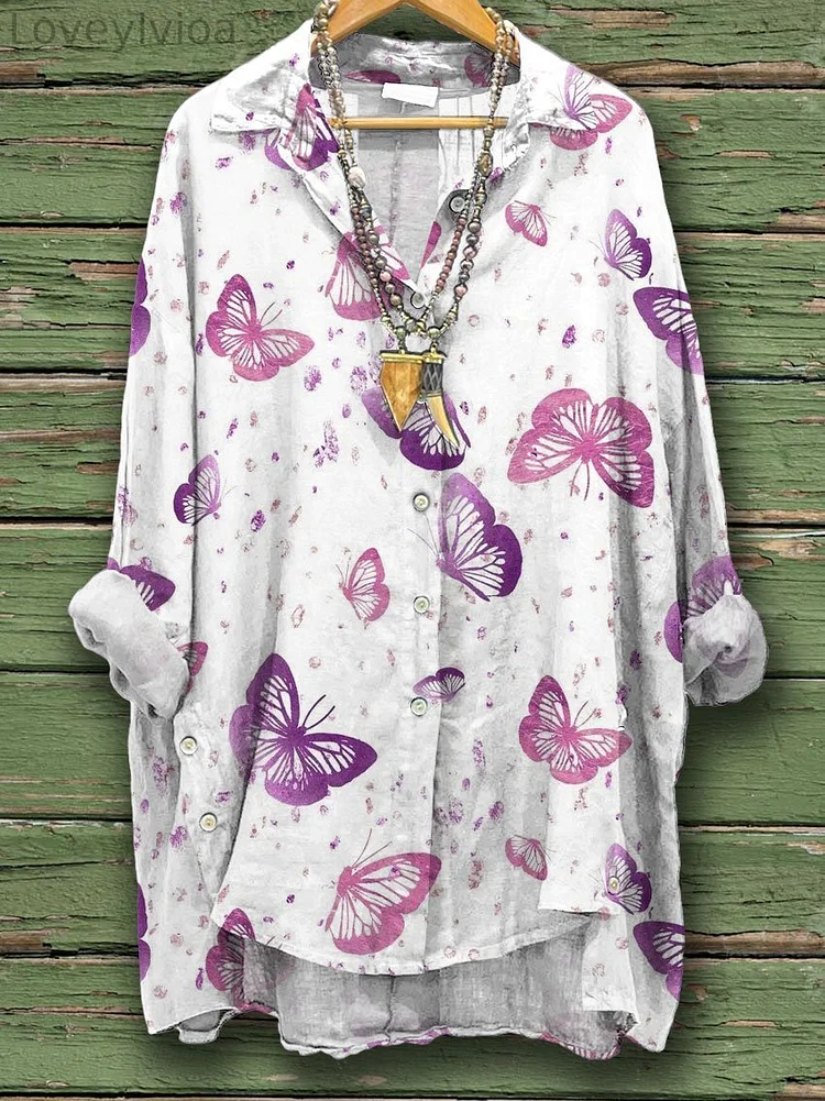 Women's Butterfly Print Casual Cotton And Linen Shirt