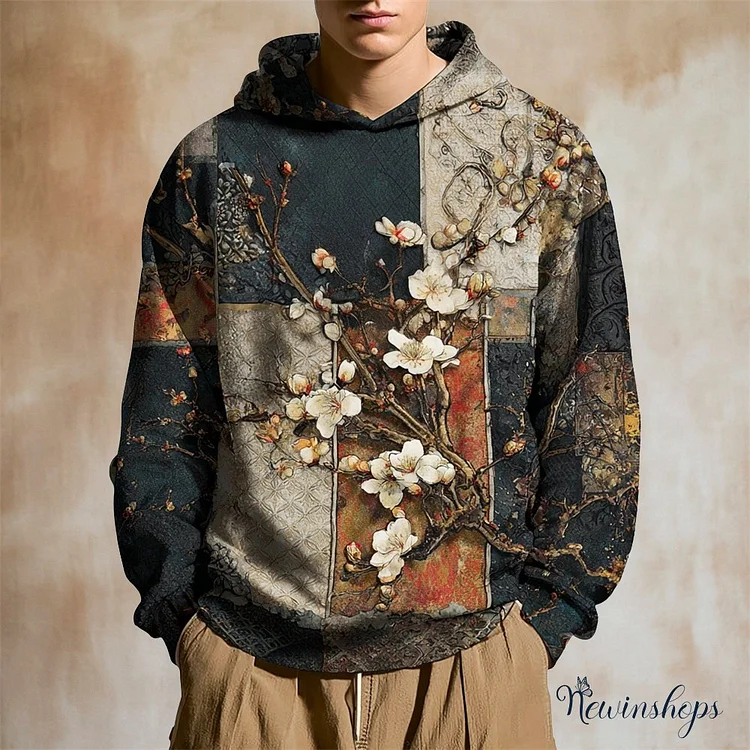 Japanese Vintage Floral Patchwork Art Men's Hooded Sweatshirt