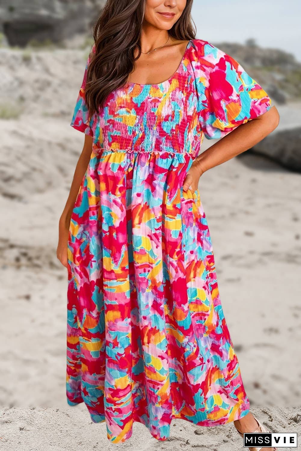 Abstract Printed Square Neck Smocked Dress | Plus Size 1X-4X