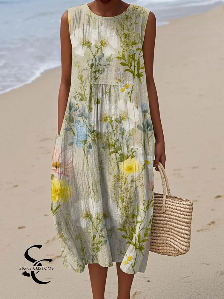 Women's Vintage Floral Art Print Sleeveless Cotton Pocket Wrap Dress