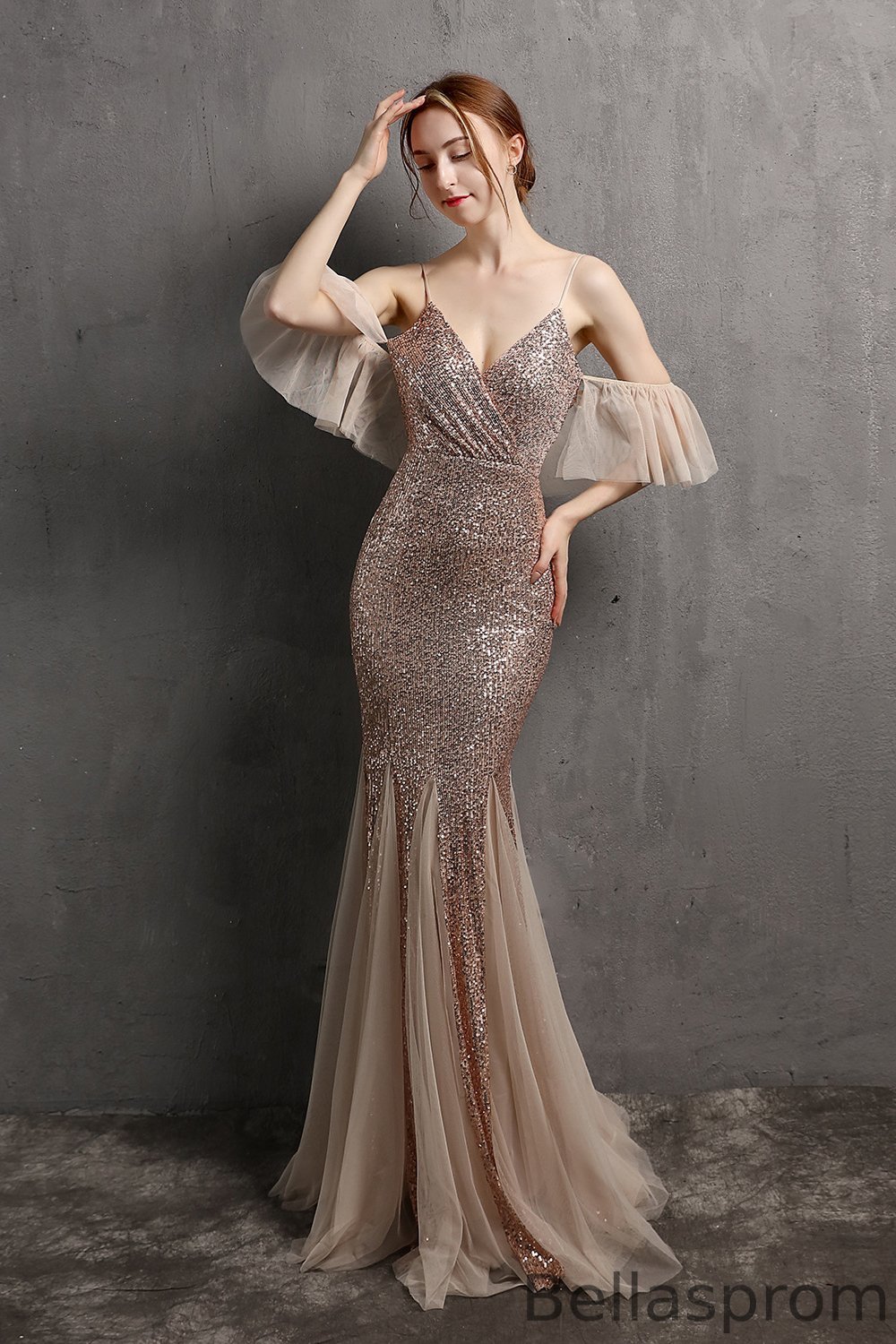 Bellasprom Spaghetti-Straps Mermaid Evening Dress Sequins With Tulle Ruffles YE0051 Bellasprom