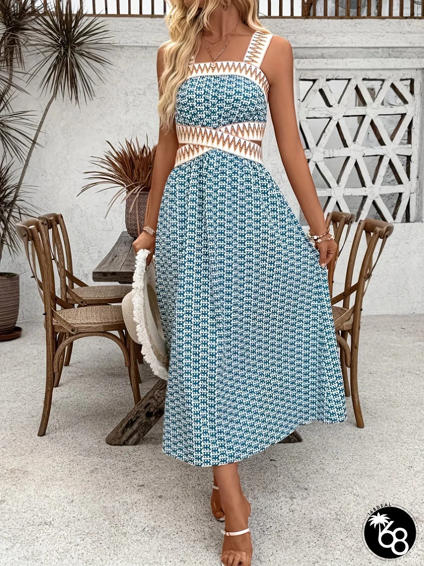 [Elegant Vacation Beach Dress] Elegant Women's Casual Printed Patchwork Strap Sleeveless Maxi Vacation Beach Dress - Sundries | 168DEAL