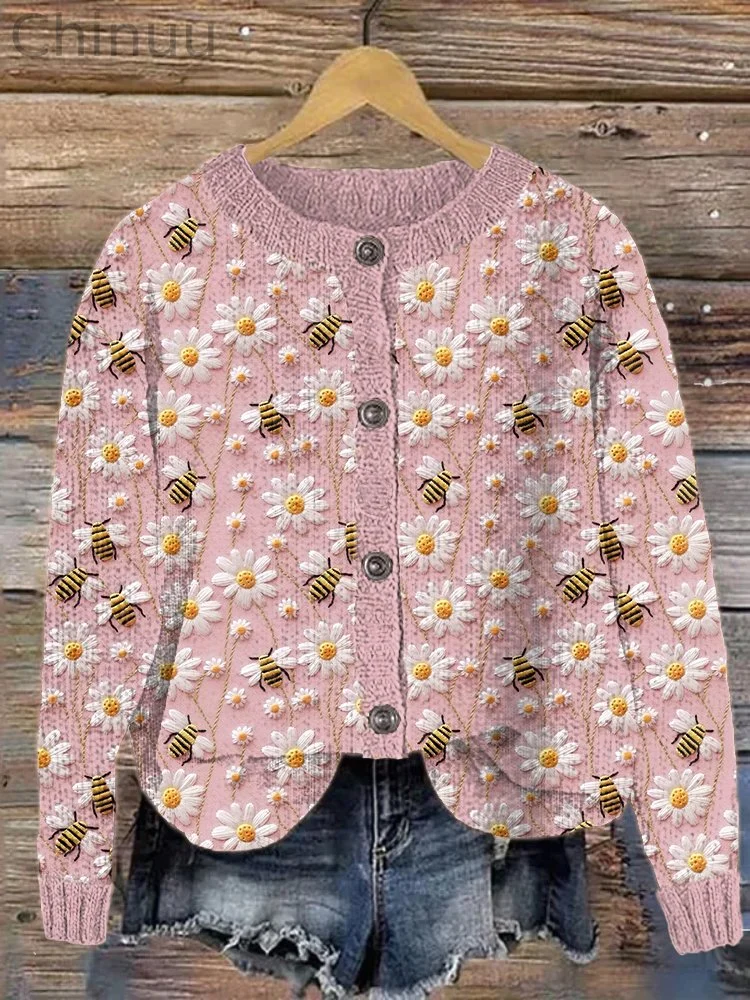 Bee & Daisy Embroidery Art Cozy Knit Cardigan