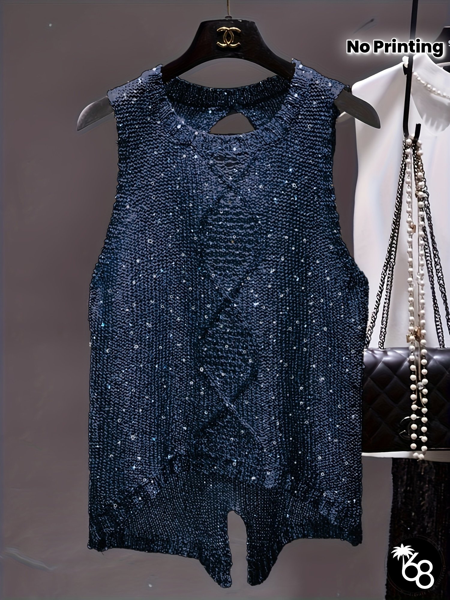 Navy Blue Elegant Sequin Sleeveless Top Womens Semi-Sheer Asymmetrical Cut-Out Design | 168DEAL
