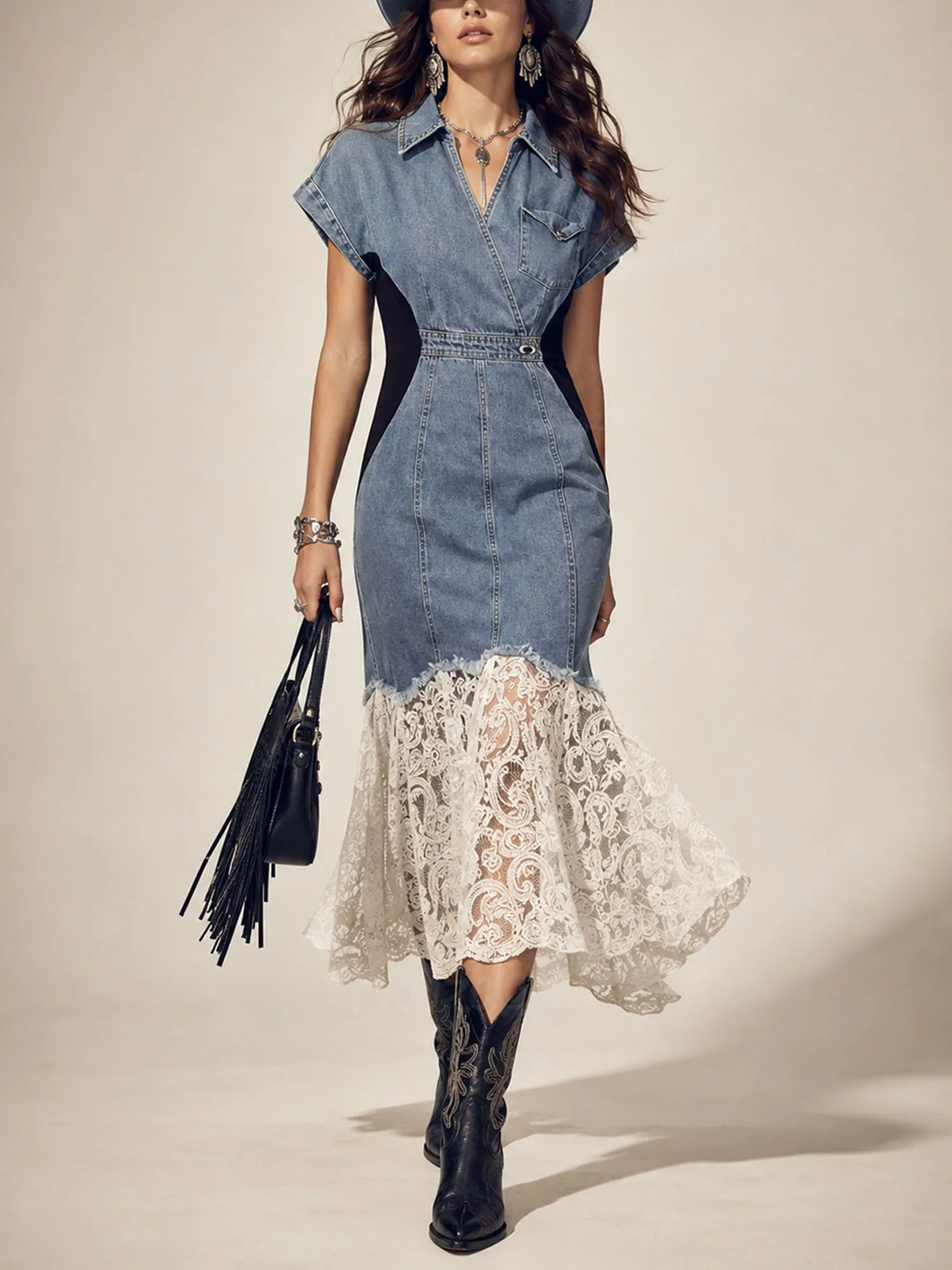 Perfect for a Country Music Festival &mdash; Blue Denim Wrap-Style Bodice with White Lace Hem, Denim Midi Dress