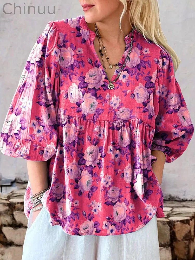 Women's Art Floral Pattern Casual Cotton Top