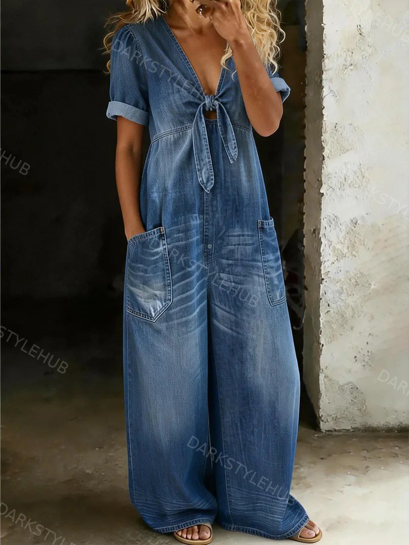 Women's Casual Loose Short-sleeved V-neck Denim Jumpsuit
