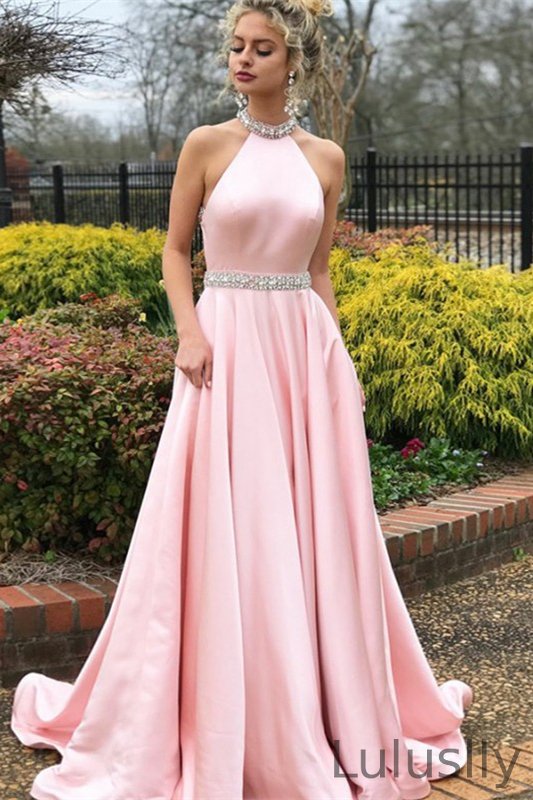 Luluslly High Neck Halter Pink Evening Dress Backless With Beads