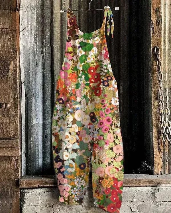 Women's Vintage Flower Print Loose Casual Jumpsuit